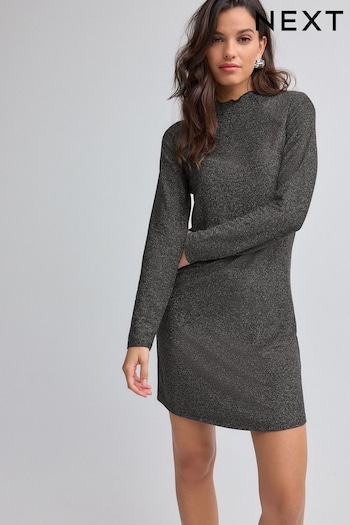 Silver Glitter Long Sleeve Glitter Jaquard Mini Dress (B11707) | £32