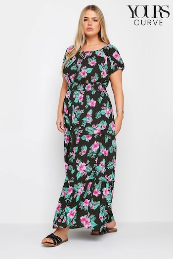 Yours Curve Black Black Floral Tropical Print Bardot Maxi Dress (B11784) | £38