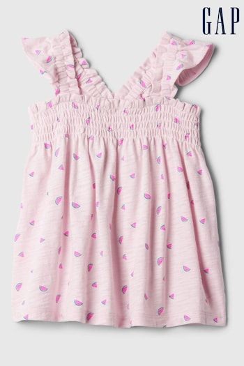 Gap Pink Cotton Smocked Print Flutter Sleeve Baby Vest Top (12mths-5yrs) (B12022) | £12