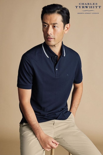 Charles Tyrwhitt Blue Short Sleeve Cotton Stretch Pique Polo T-Shirt with Tipping (B12052) | £55