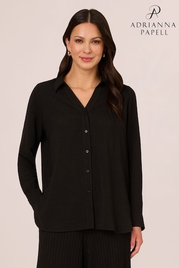 Adrianna Papell Solid Texture Airflow Woven Long Sleeve V-Collar Black Shirt (B12086) | £49