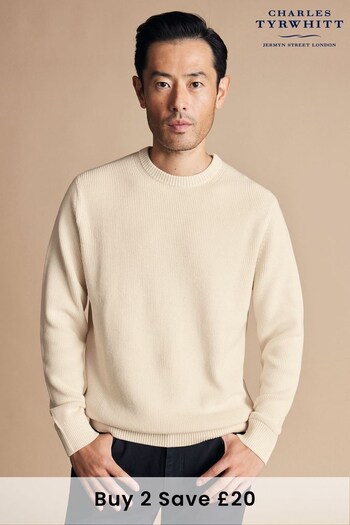 Charles Tyrwhitt Cream Combed Cotton Rib Crew Neck Jumper (B12323) | £90