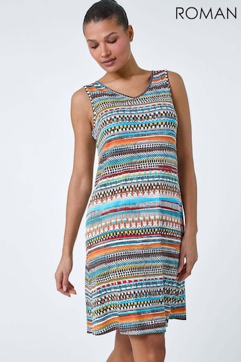 Roman Orange Aztec Stripe Stretch Pocket Swing Dress (B12411) | £36
