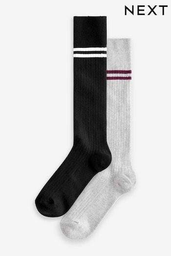 Black/Grey Sporty Stripe Knee High Socks 2 Pack (B12491) | £0