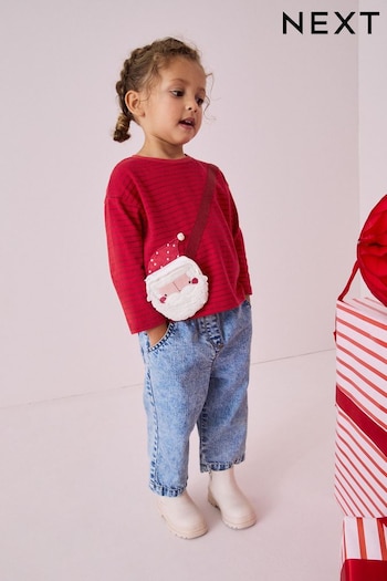 Red Christmas Santa 100% Cotton Long Sleeve Bag T-Shirt (3mths-7yrs) (B12594) | £10 - £12