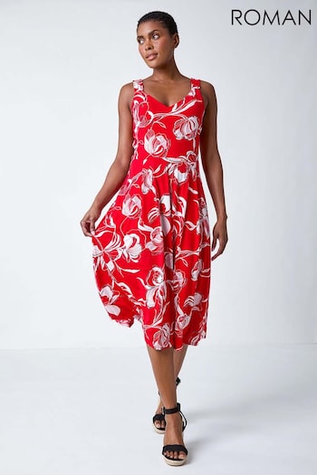 Roman Red Textured Floral Print Midi Stretch Dress (B12708) | £42