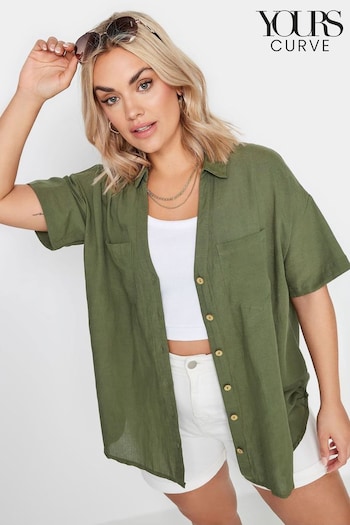 Yours Curve Khaki Green Utility Linen Shirt (B12773) | £26