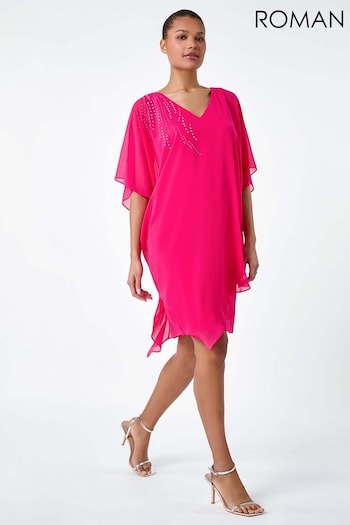 Roman Pink Embellished Cold Shoulder Overlay Dress (B12940) | £55