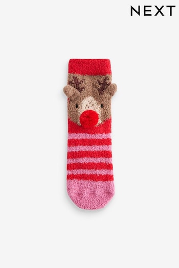 Red/Pink Reindeer Christmas Cosy Ankle Socks (B12998) | £5.50 - £6.50