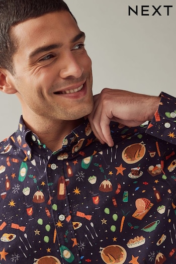 Navy Blue Christmas Dinner Long Sleeve Christmas Print 100% Cotton Oxford Shirt (B14167) | £32