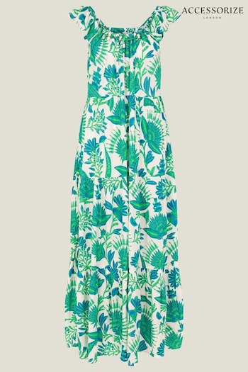 Accessorize Green/White Fan Print Beaded Tiered Alpen Dress (B14200) | £55