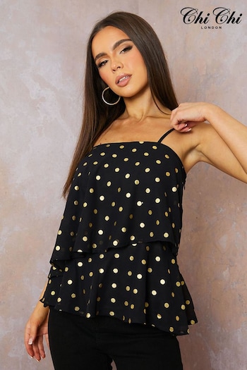 Chi Chi London Black Cami Strap Foil Spot Print Top (B14204) | £42