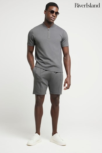 River Island Grey Grey Short Sleeve Slim Fit Square Neck Polo T-Shirt (B14205) | £30