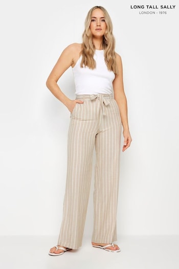 Long Tall Sally Natural LTS Tall Stone Brown Stripe Linen Wide Leg Infant Trousers (B14488) | £39