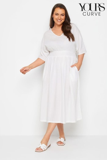 Yours Curve White Limited Linen Midaxi Shirred Waist Slit Dress (B14535) | £32