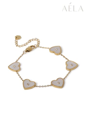 Aela Gold Tone Mother of Pearl Stainless Steel Heart Bracelet (B14552) | £22.50