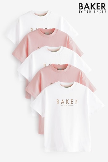 Baker by Ted Baker Pink/White 100% Cotton T-Shirts 5 Pack (B14617) | £40 - £45