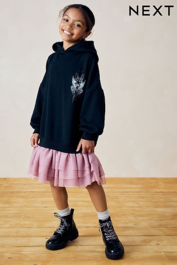 Charcoal Grey/Pink 2-in-1 Long Sleeve Hooded Sweat Dress with Mesh Skirt (3-16yrs) (B14953) | £23 - £29