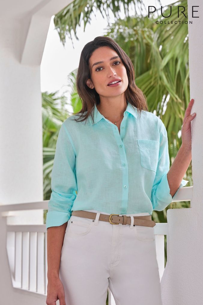 Green linen shirt womens top