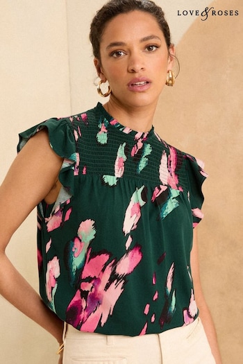 Love & Roses Green Feather Printed Shirred Yoke Shell Top (B15030) | £36