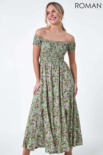 Roman Green Floral Shirred Bardot Midi Dress (B15073) | £38