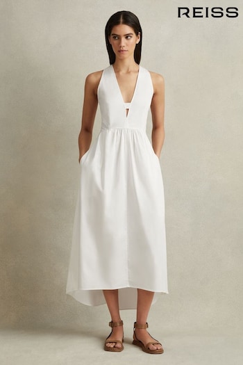 Reiss White Yana Petite Cotton Blend High-Low Midi Dress Boutique (B15162) | £148