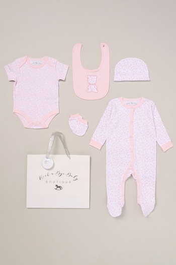 Rock-A-Bye Baby Boutique Pink Printed All in One Cotton 5-Piece Baby Gift Set (B15332) | £25