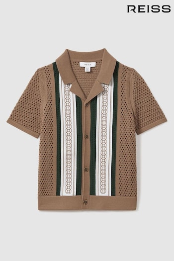 Reiss Camel/Green Jensen Embroidered Cuban Collar Shirt (B15367) | £60