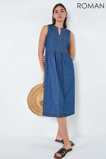 Roman Blue Sleeveless Cotton Denim Midi Dress (B15427) | £42
