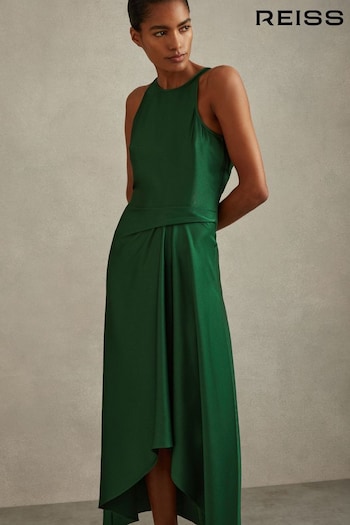 Reiss Green Micah Petite Satin Drape Tuck Midi Dress (B15439) | £158