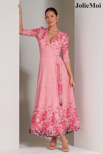 Jolie Moi Pink Peggy Ruched Sleeve Wrap Mesh Maxi Dress (B15526) | £79