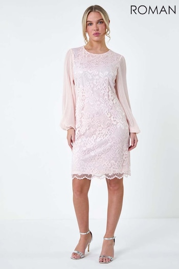 Roman Pink Pleated Sleeve Lace Shift Dress (B15581) | £60