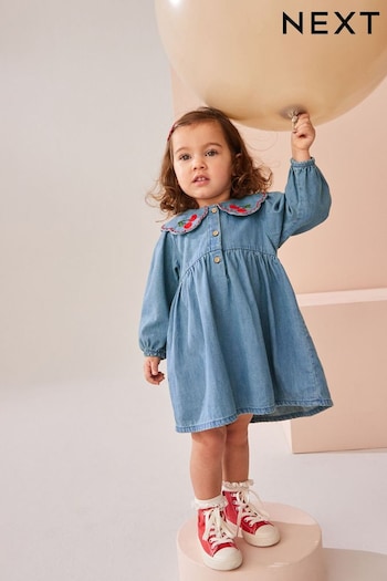 Blue Denim Cherry Embroidered Collar 100% Cotton Dress (3mths-8yrs) (B15666) | £15 - £21