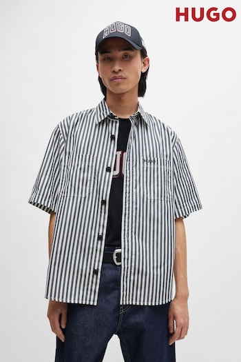 HUGO Oversized Fit Blue Shirt in Striped Cotton Chambray (B15941) | £99