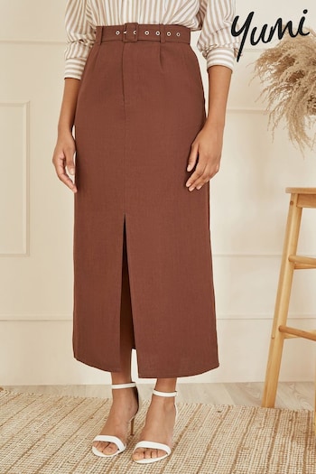 Yumi Brown Cotton Midi Skirt With Belt And Split Hem (B16031) | £45