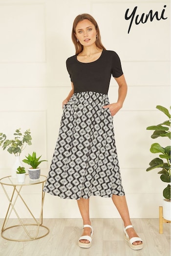 Yumi Black Jersey Stretch Top And Geo Skirt Midi Dress Iuga (B16038) | £45