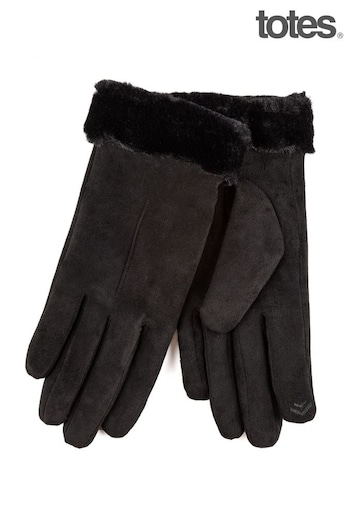 Totes Black Isotoner Ladies One Point Faux Suede Glove with Faux Fur Cuff Detail (B16223) | £20