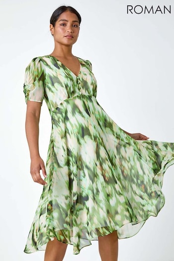 Roman Green Abstract Print Hanky Hem Chiffon Dress (B16320) | £55