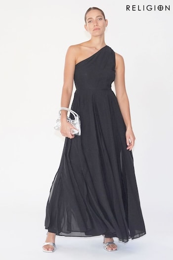 Religion Black One Shoulder Maxi Dress With Full Skirt (B16355) | £100