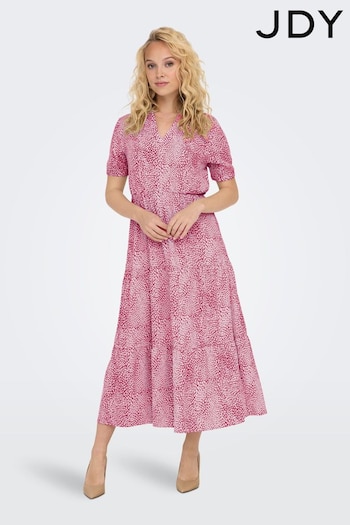 JDY Purple Printed V-Neck Short Sleeve Tiered Maxi Dress (B16415) | £35