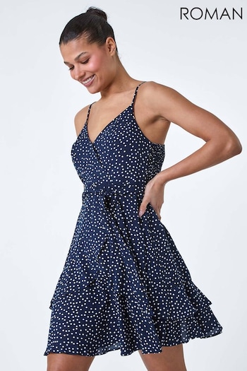 Roman Blue Polka Dot Frill Detail Wrap piedi Dress (B16534) | £36