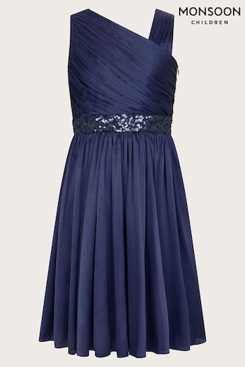 Monsoon Blue Satin Abigail One-Shoulder Dress (B16809) | £45 - £50