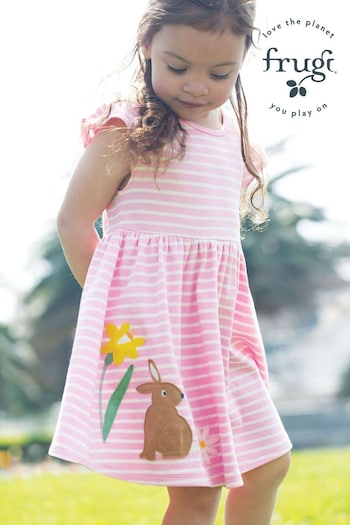 Frugi Pink Striped Easter Bunny Applique Dress (B16818) | £32 - £36