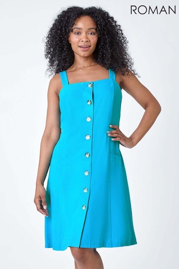 Roman Blue Petite Button Front Pocket Dress och (B16842) | £40