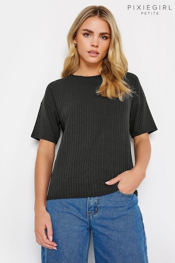 PixieGirl Petite Black Ribbed Boxy T-Shirt (B16874) | £19