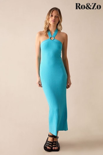 Ro&Zo Blue Aqua Ribbed Knit Halter Dress (B17271) | £99
