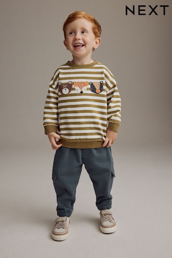 Green/Ecru Stripe 100% Cotton Sweatshirt and Utility Joggers 2 Piece Set (3mths-7yrs) (B17571) | £20 - £24