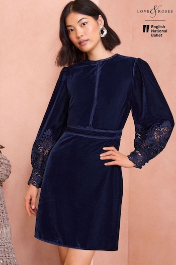 Love & Roses Navy Blue Velvet Lace Mini Dress (B17575) | £60