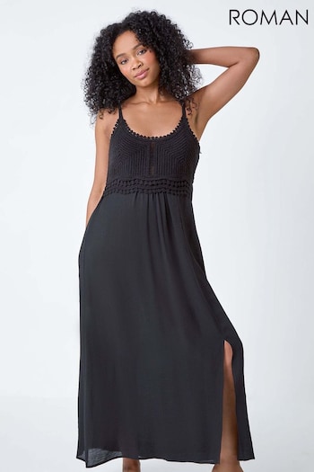 Roman Black Crochet Bodice Cotton Maxi Dress (B17732) | £42
