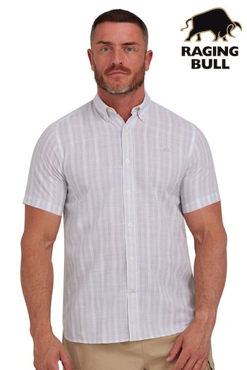 Raging Bull Grey Short Sleeve Multi Stripe Linen Look Shirt (B17734) | £64 - £74